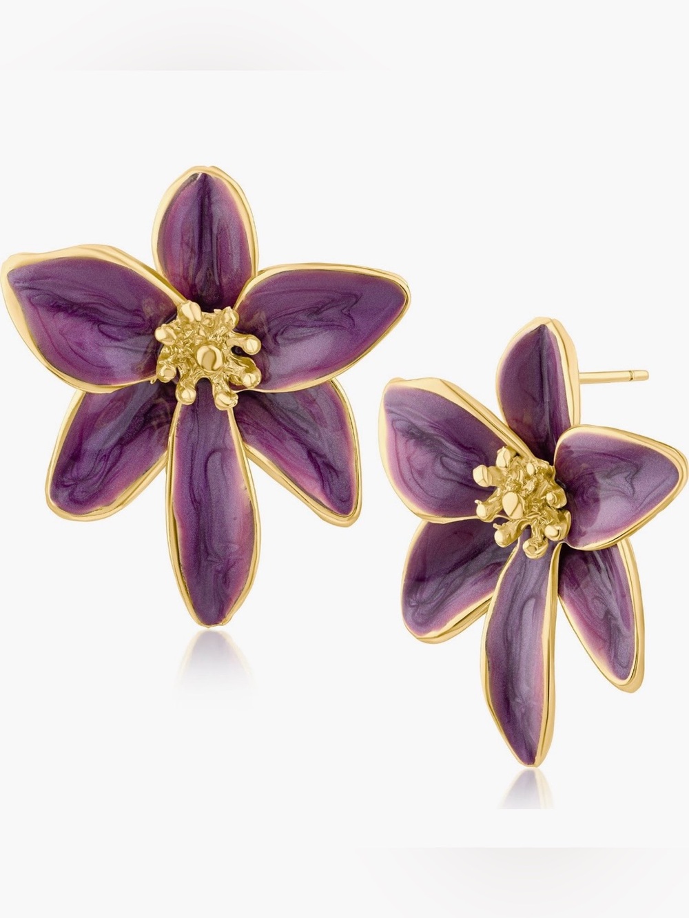 Gold-Trim Purple Iris Floral Stud Drop Earrings